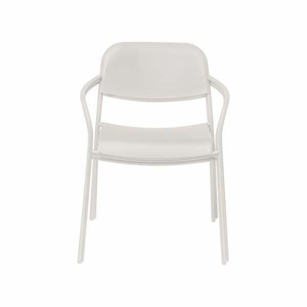 White modern chair with a minimalist design and sturdy metal frame.