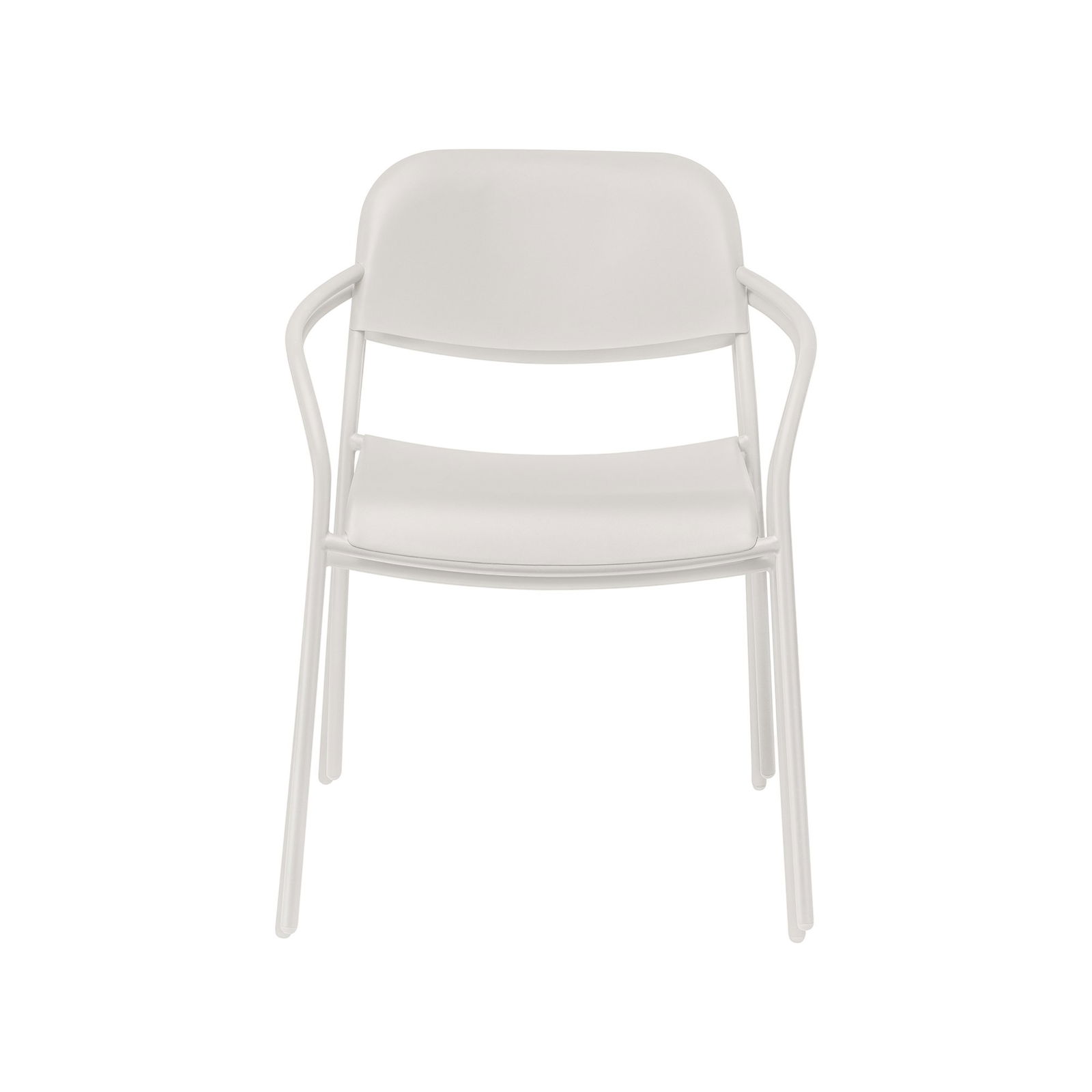White modern chair with a minimalist design and sturdy metal frame.