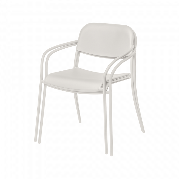 Modern white stacking chair with curved armrests and minimalist design.