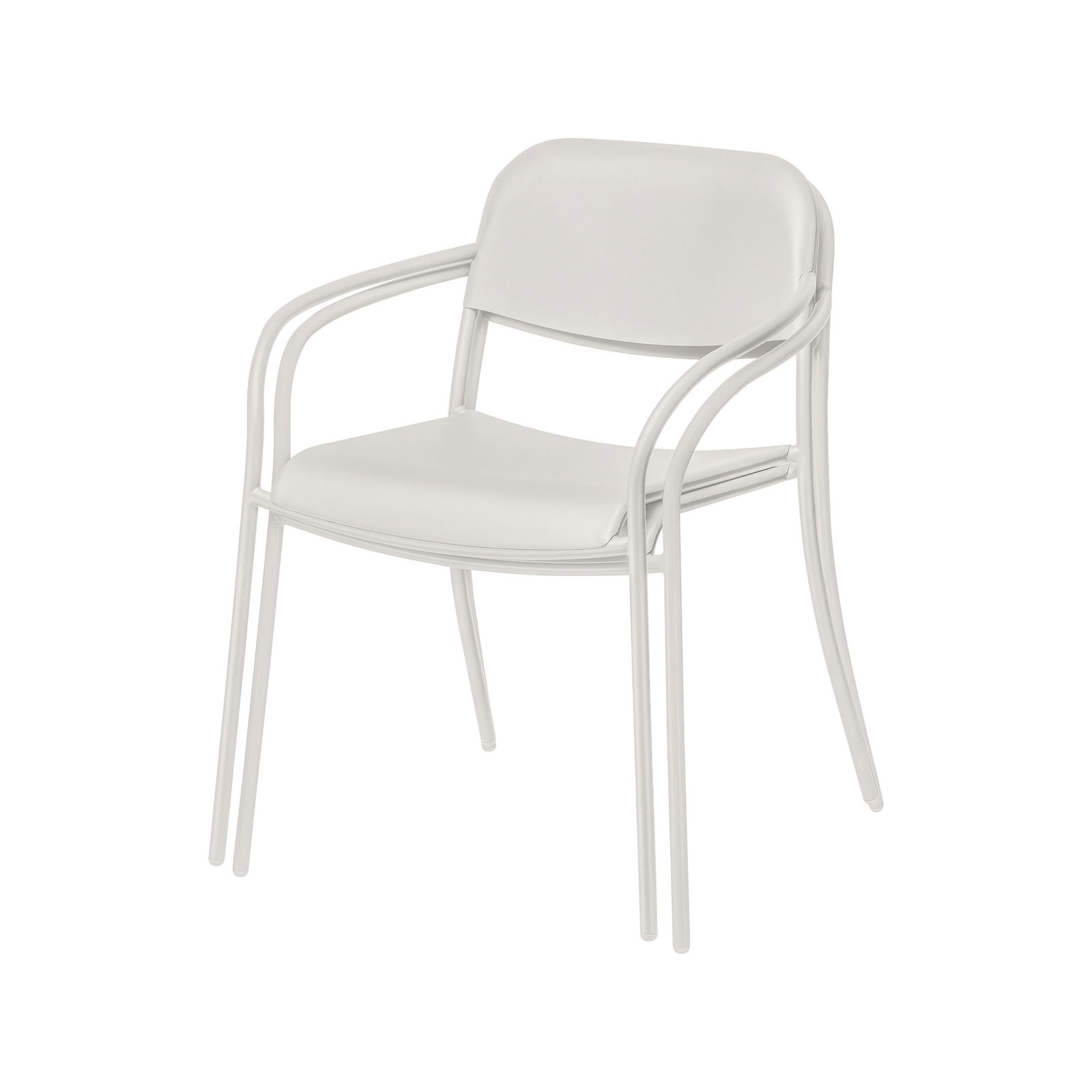 Modern white stacking chair with curved armrests and minimalist design.