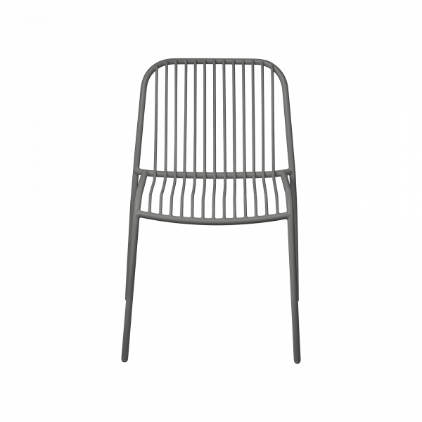 Modern gray chair with a minimalist design and vertical slats, perfect for contemporary spaces.