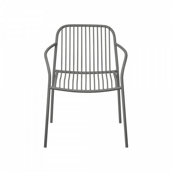 Moderne graue Gartenstühle mit minimalistischer Gestaltung und bequemen Armlehnen.