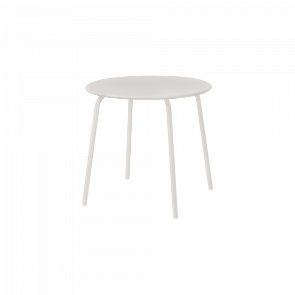 Minimalist round white table with four slender legs, perfect for modern decor.