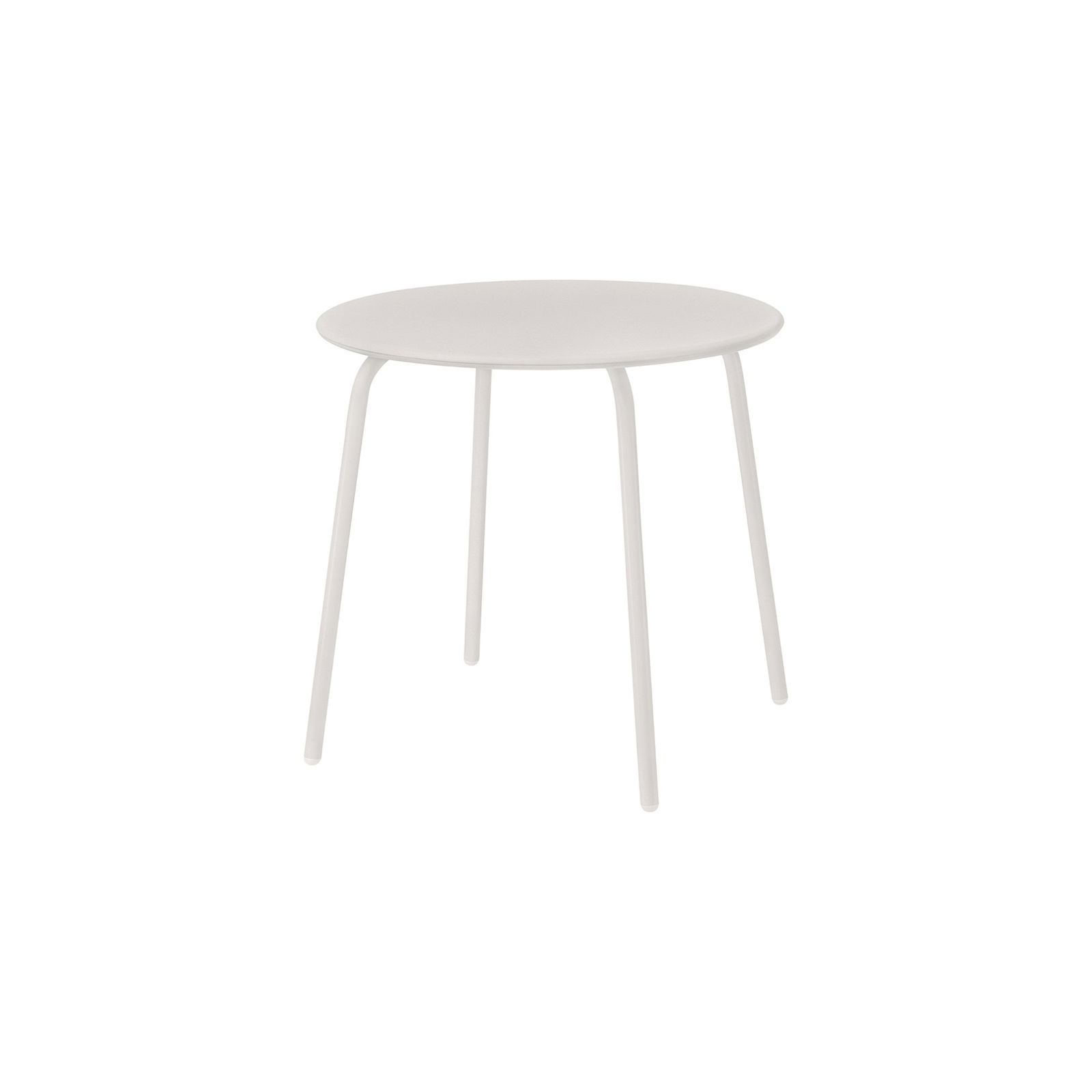 Minimalist round white table with four slender legs, perfect for modern decor.
