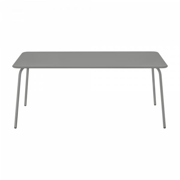 Moderner grauer Esstisch mit schlanken Metallbeinen und einem minimalistischen Design.