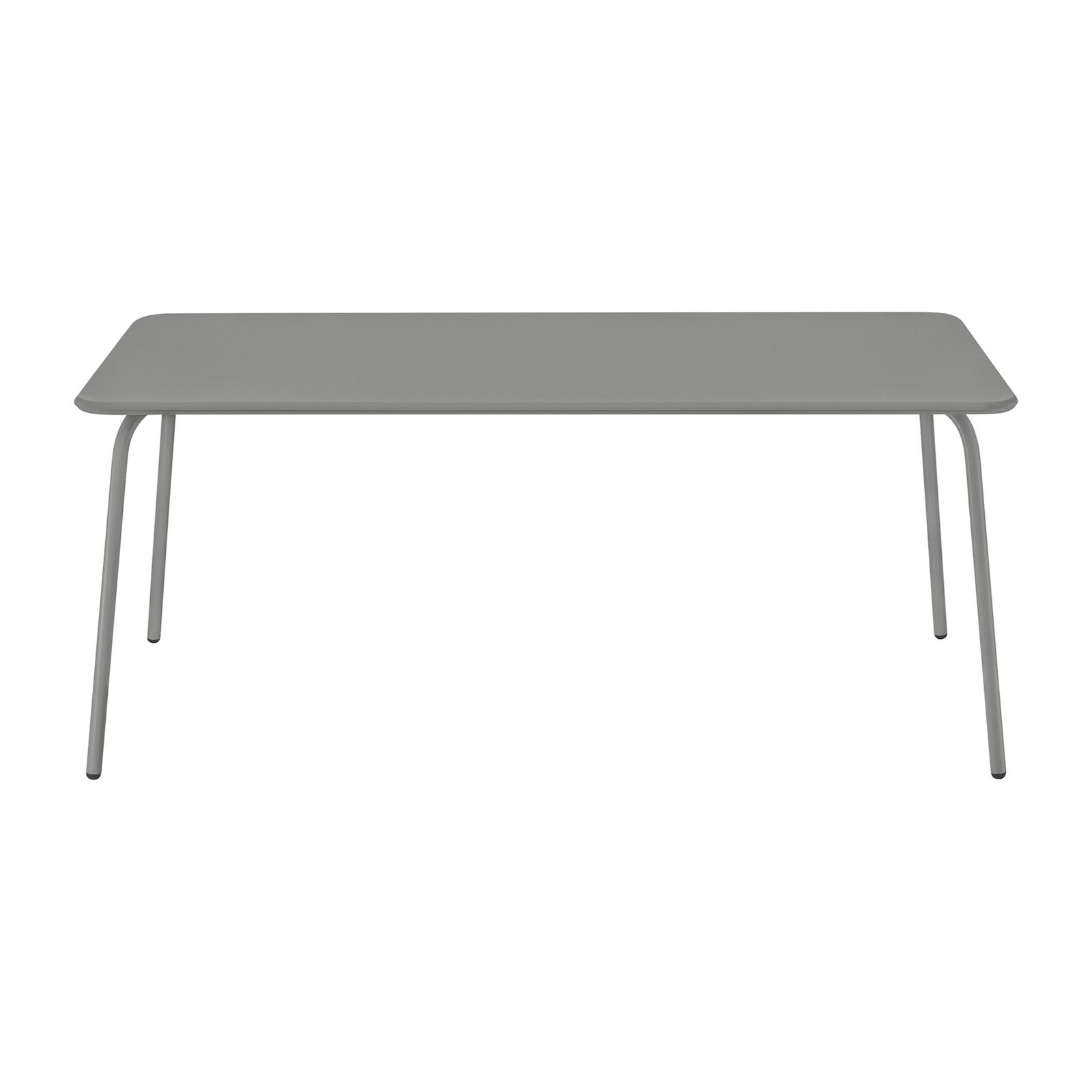 Moderner grauer Esstisch mit schlanken Metallbeinen und einem minimalistischen Design.