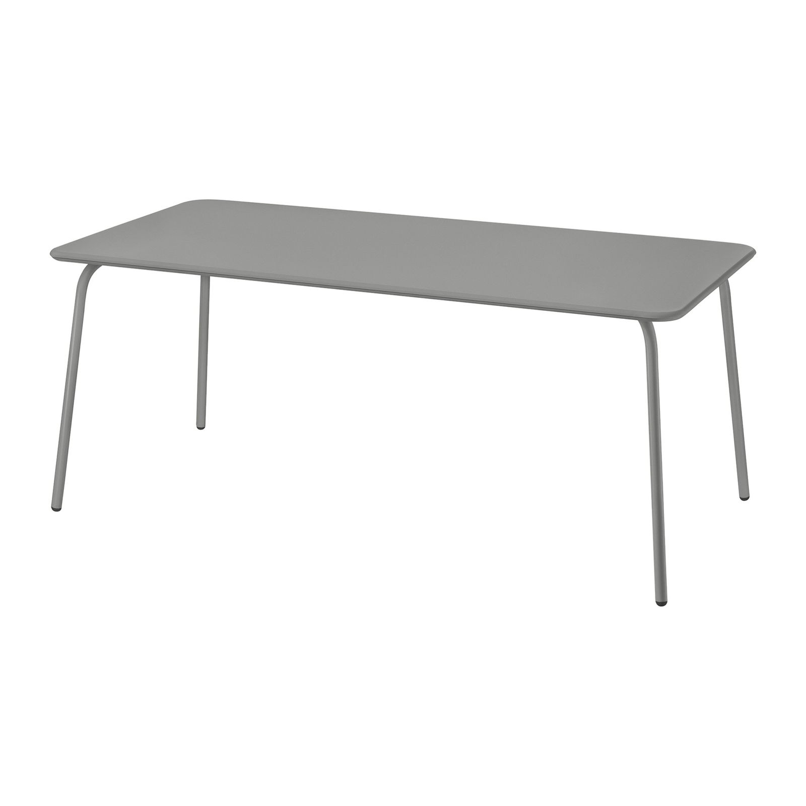 Moderner grauer rechteckiger Tisch mit schlanken Beinen, ideal für das Esszimmer oder den Arbeitsplatz.