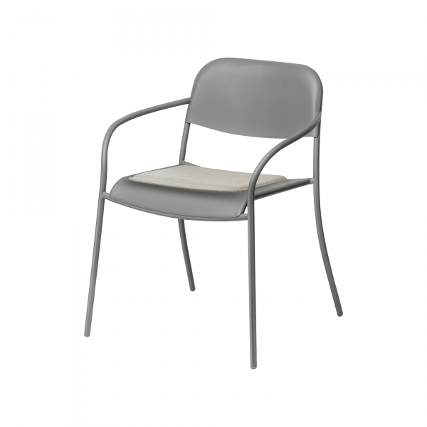 Modern gray chair with a sleek design and woven fabric seat, ideal for contemporary spaces.