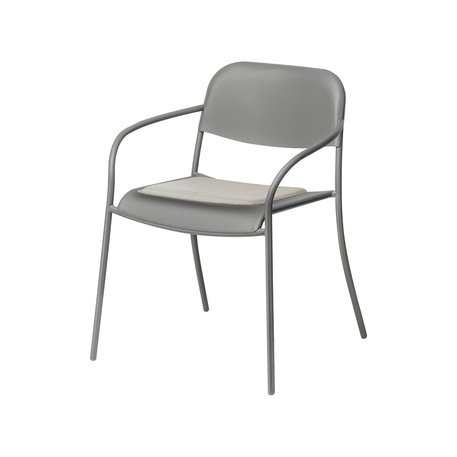 Modern gray chair with a sleek design and woven fabric seat, ideal for contemporary spaces.