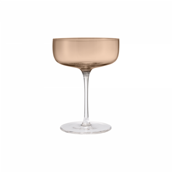 Elegantes Champagner-Coupéglas mit einer stilvollen beigen Schale und transparentem Stiel.