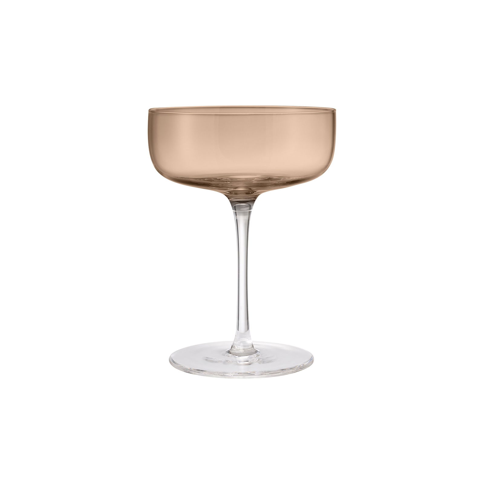 Elegantes Champagner-Coupéglas mit einer stilvollen beigen Schale und transparentem Stiel.