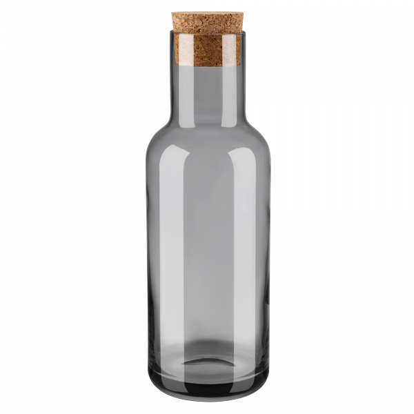 Elegante graue Glasflasche mit einem Naturkorkenverschluss für stilvolle Aufbewahrung.