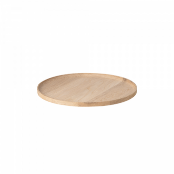 Natural wooden serving tray with a circular design and smooth finish.