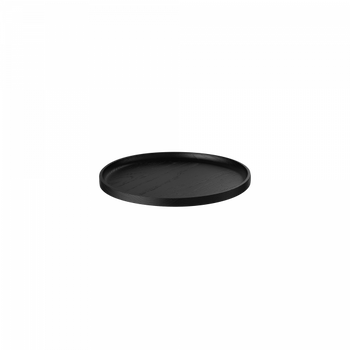 Black round serving tray made of wood with a smooth finish.