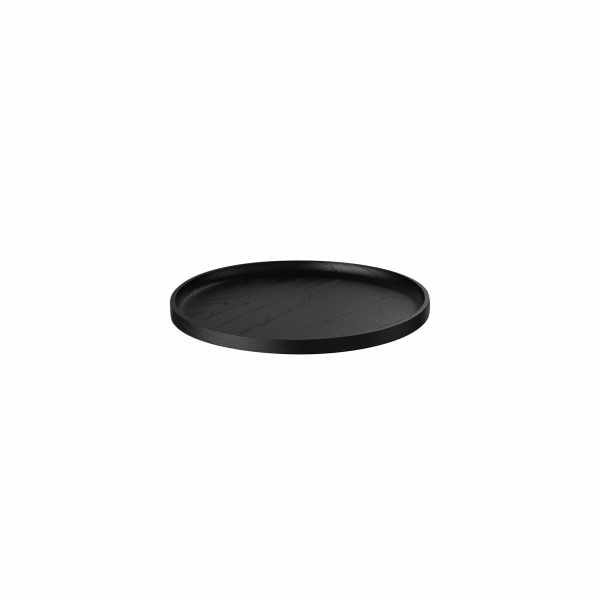 Black round serving tray made of wood with a smooth finish.