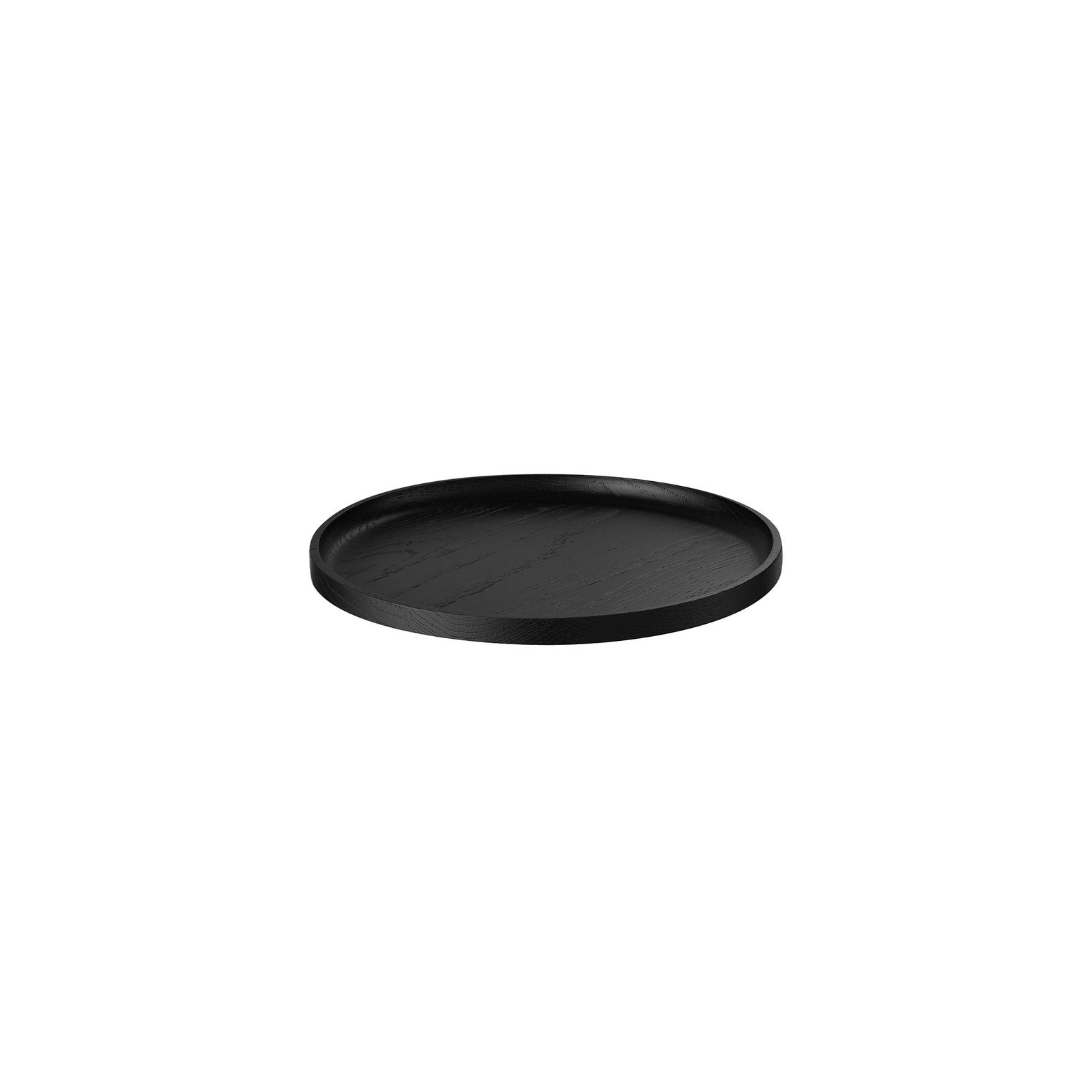 Black round serving tray made of wood with a smooth finish.