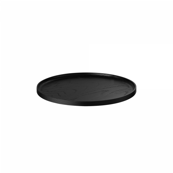 Black round serving tray with a textured surface, ideal for home decor or dining.