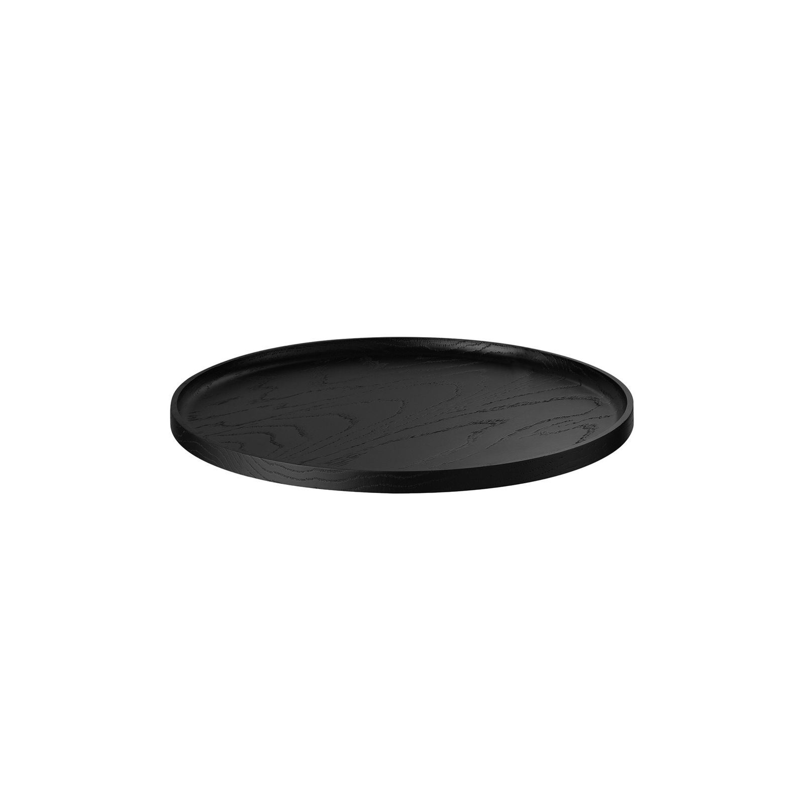 Black round serving tray with a textured surface, ideal for home decor or dining.