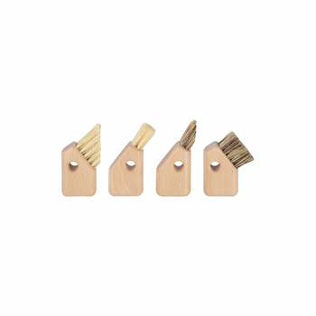 Four wooden-handled brushes with bristles of varying lengths and materials.