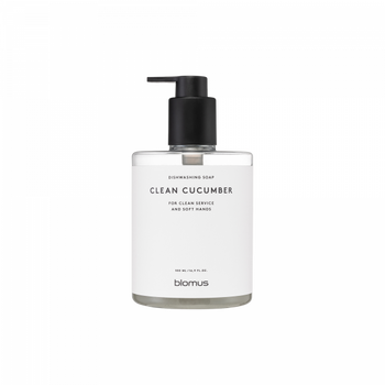 Clear dishwashing soap bottle labeled "Clean Cucumber" for soft hands and clean surfaces.
