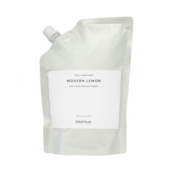 Refillable Modern Lemon hand soap pouch for clean and soft hands by Blomus.