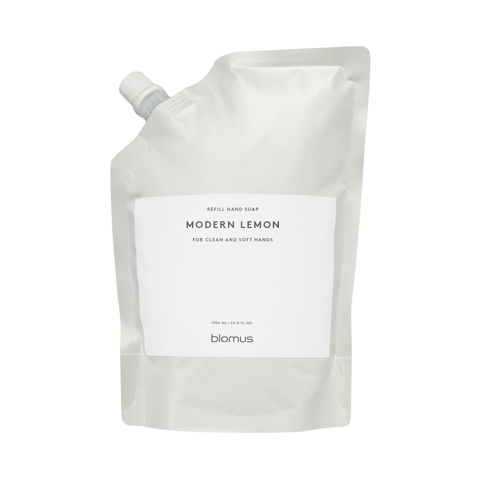 Refillable Modern Lemon hand soap pouch for clean and soft hands by Blomus.