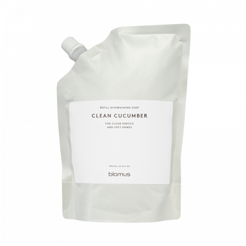 Refillable dishwashing soap pouch with Clean Cucumber scent for soft hands.