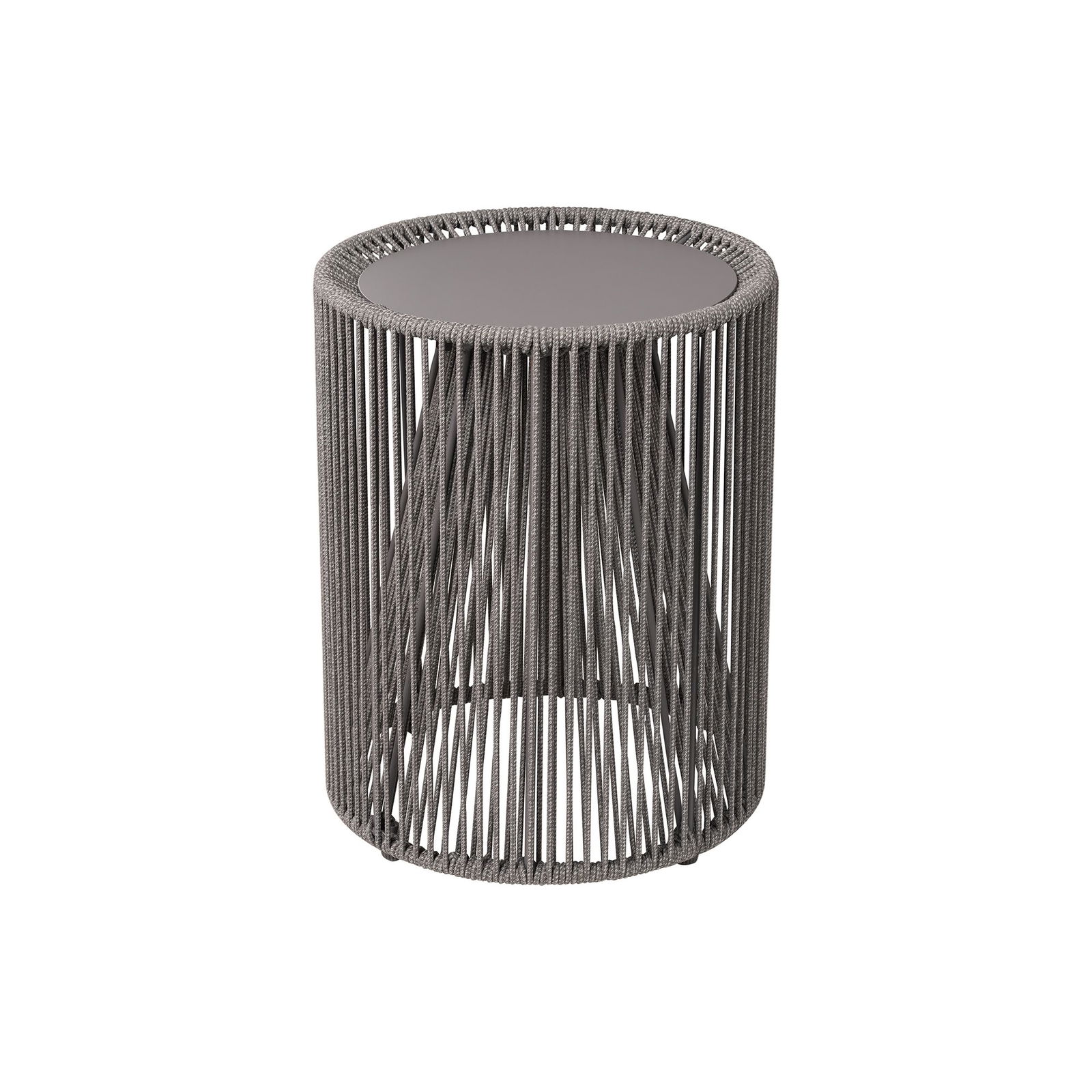 Modern cylindrical wire side table with a minimalist design in gray.