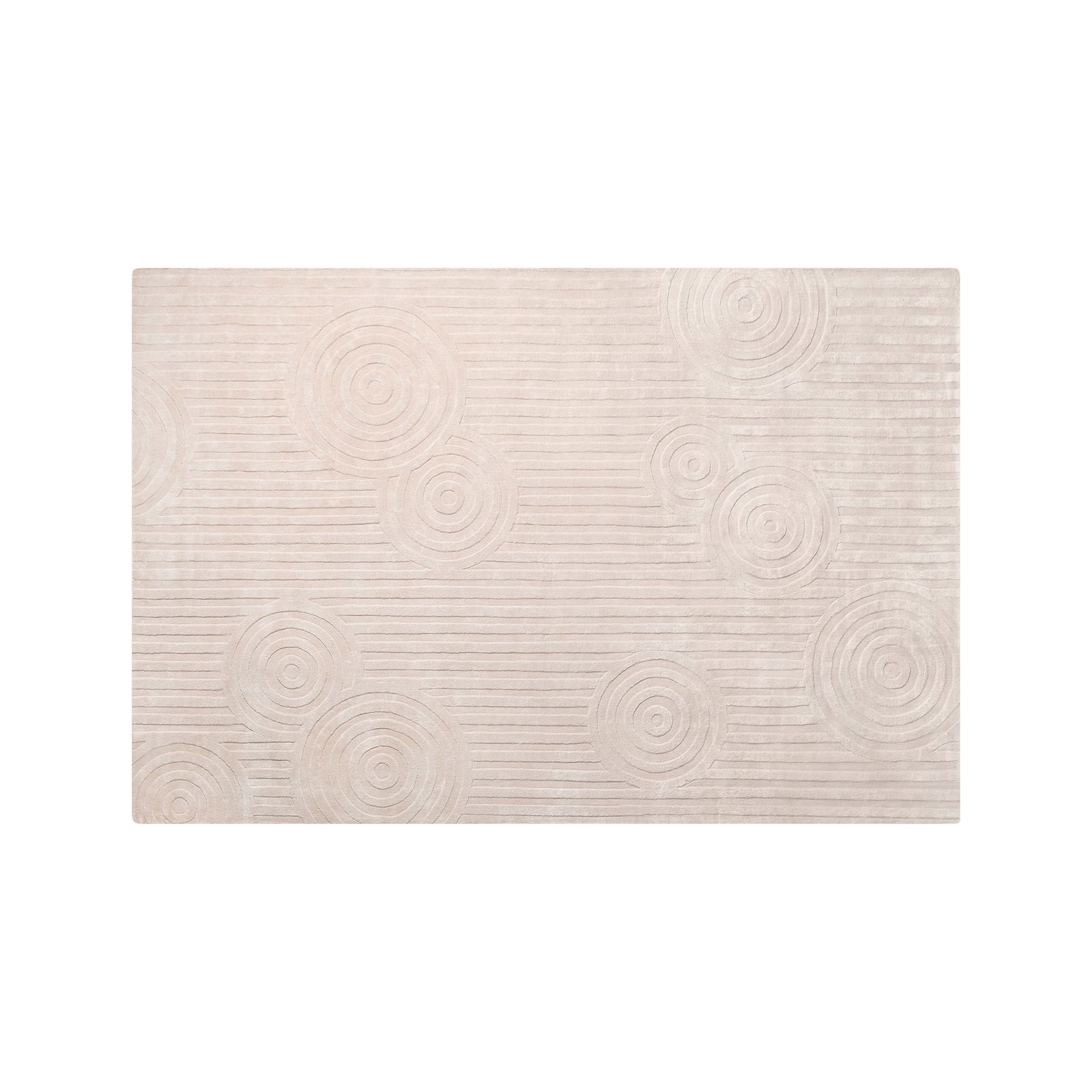 Helle beige Teppichmatte mit strukturierten kreisförmigen Mustern und horizontalen Linien.
