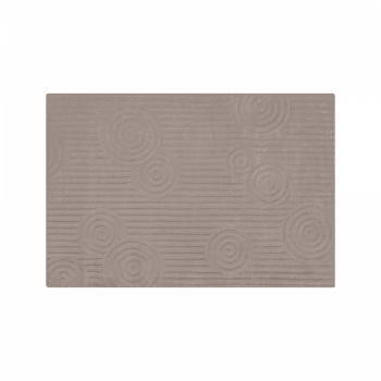 Textured beige rug with circular patterns and striped background for home decor.