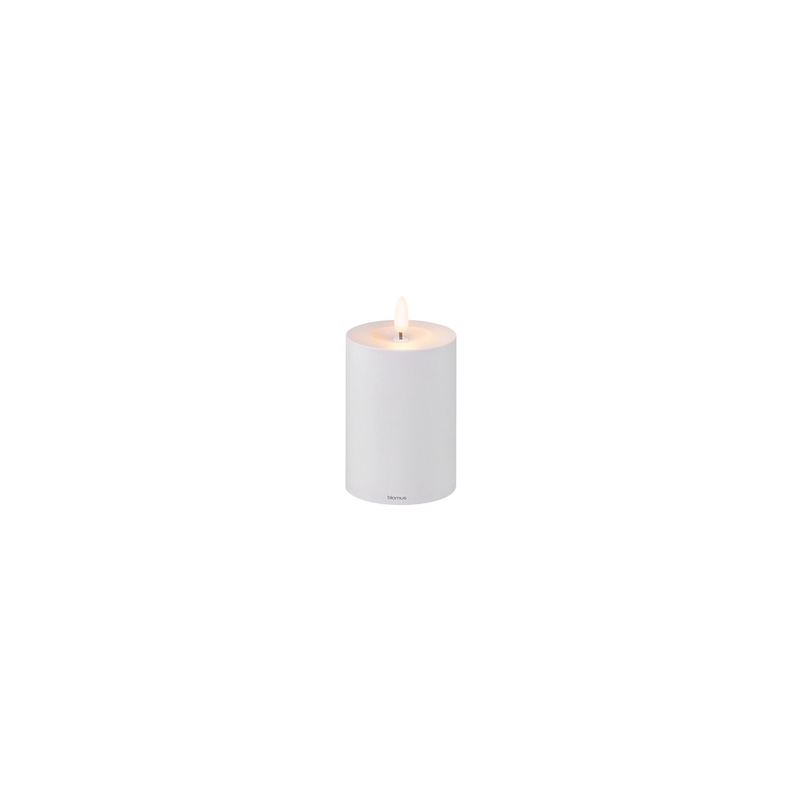 Elegant white candle with a soft flickering flame on a minimalist base.