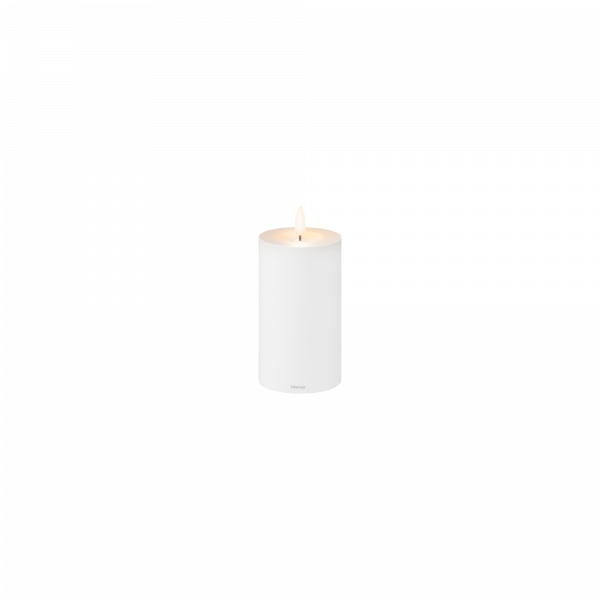"White cylindrical candle with a gentle glow, perfect for home decor and relaxation."