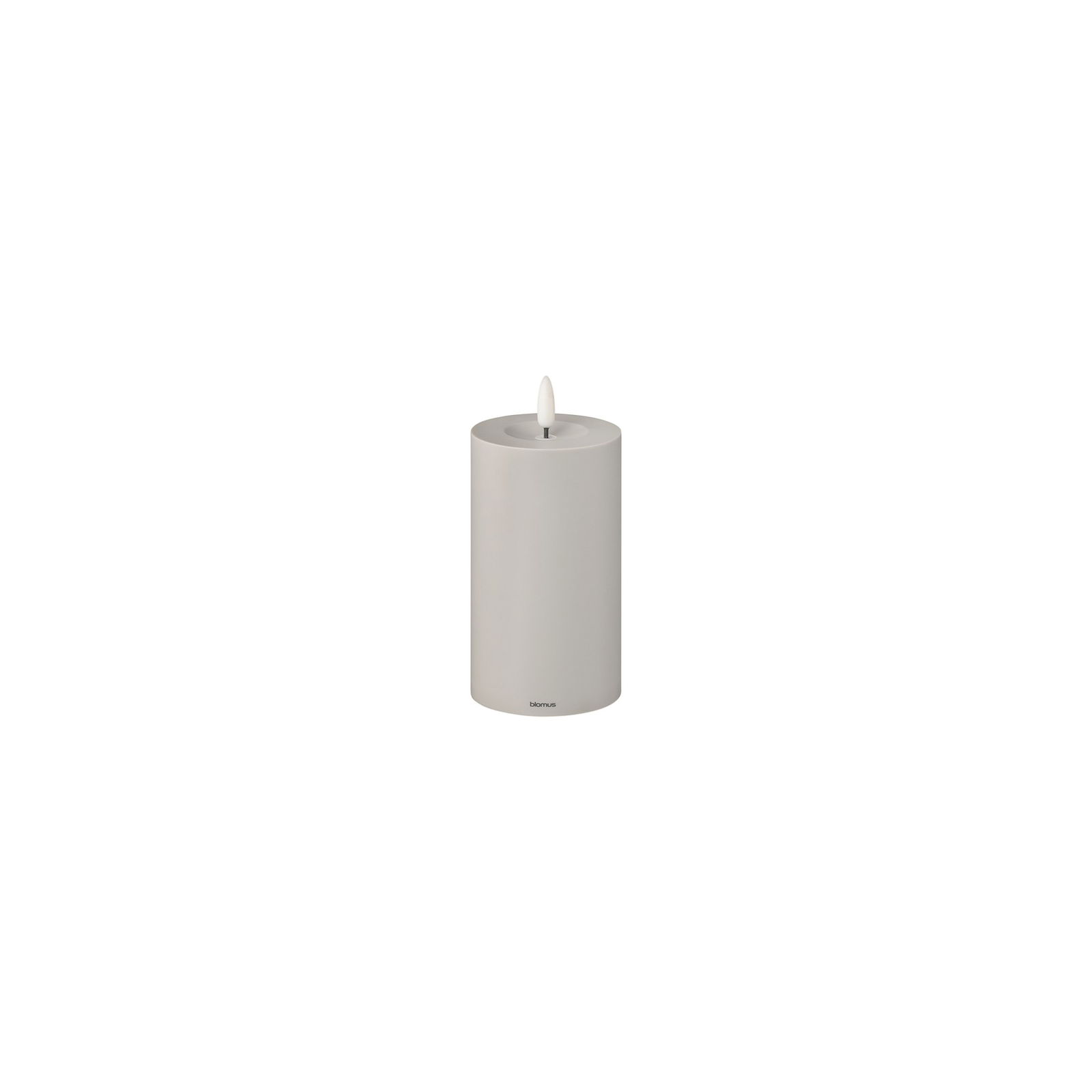 White cylindrical decorative candle with a sleek design.