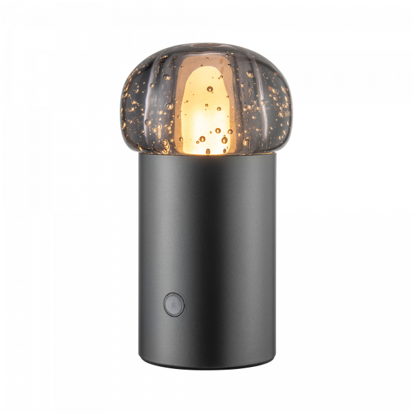 Moderne Tischlampe mit einer Glaskuppel und einer eleganten schwarzen Basis, perfekt für stilvolle Dekoration.