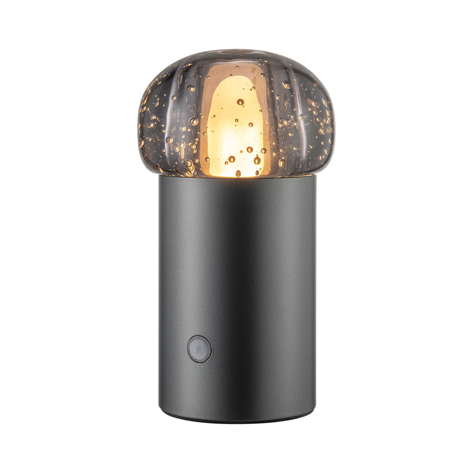 Moderne Tischlampe mit einer Glaskuppel und einer eleganten schwarzen Basis, perfekt für stilvolle Dekoration.