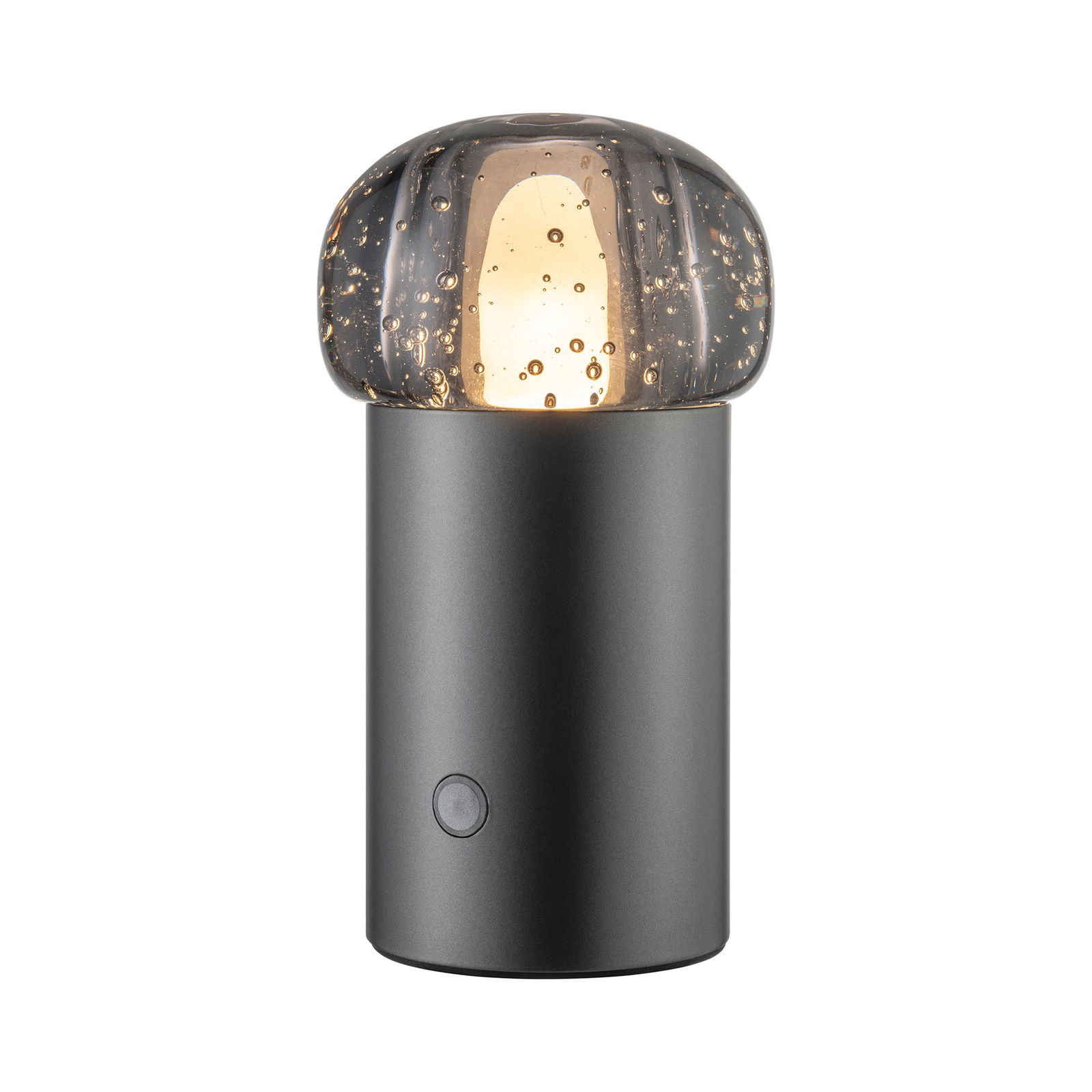 Moderne schwarze Tischlampe mit einem strukturierten Glasschirm und warmem, glänzendem Licht.