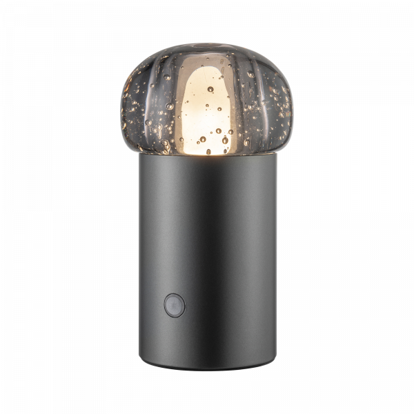 Moderne dekorative Lampe mit einem sphärischen Glas-Schirm und einem schlanken Metallsockel.