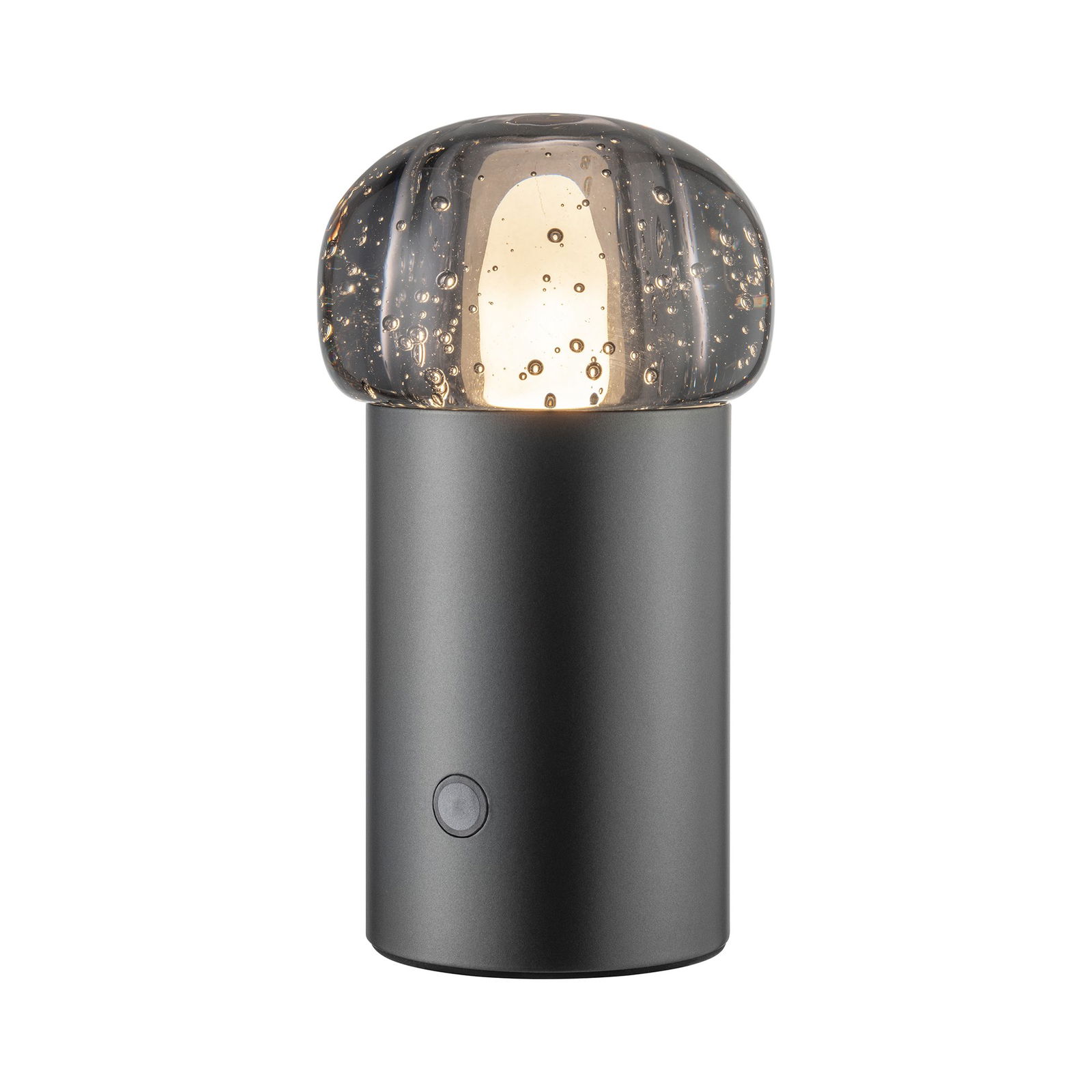 Moderne dekorative Lampe mit einem sphärischen Glas-Schirm und einem schlanken Metallsockel.