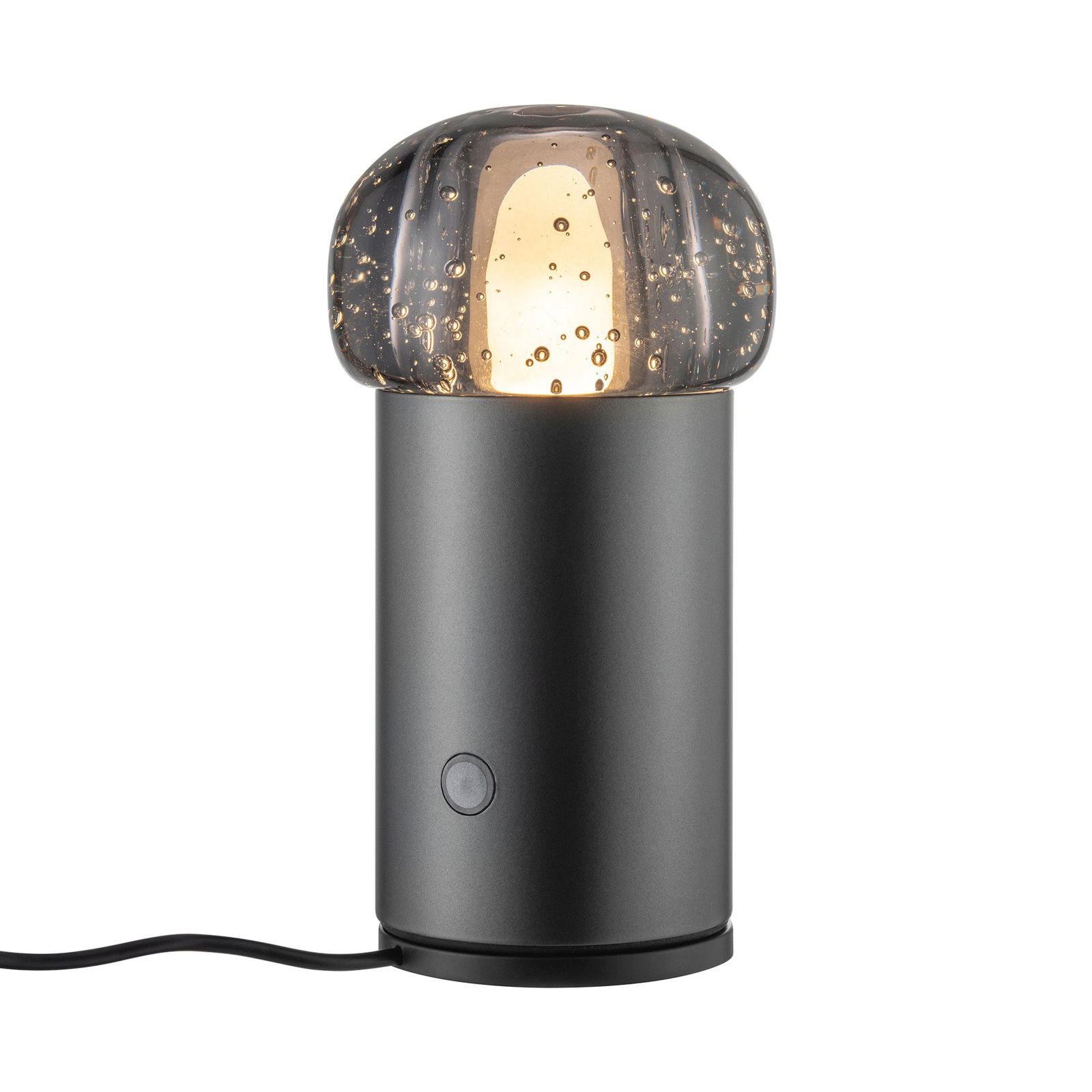 Moderne Tischlampe mit einem strukturierten Glasdom und einem eleganten schwarzen Fuß, die jeden Raum erhellt.