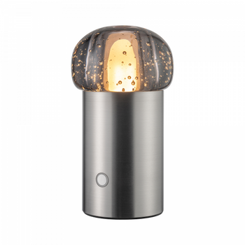 Moderne Lampe mit einer durchsichtigen Glühbirne und einem eleganten Metallfuß, perfekt für stilvolle Beleuchtung.