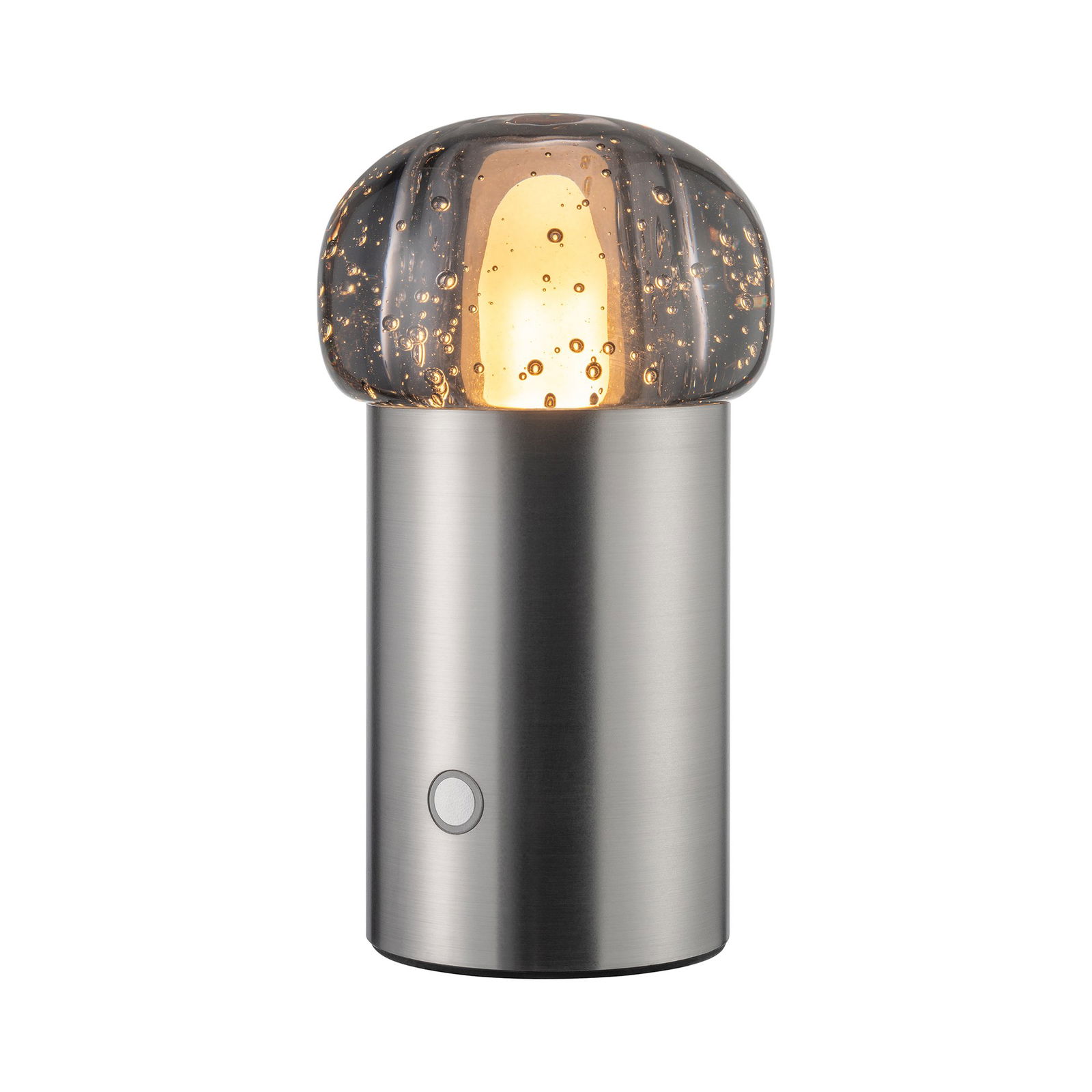 Moderne Lampe mit einer durchsichtigen Glühbirne und einem eleganten Metallfuß, perfekt für stilvolle Beleuchtung.