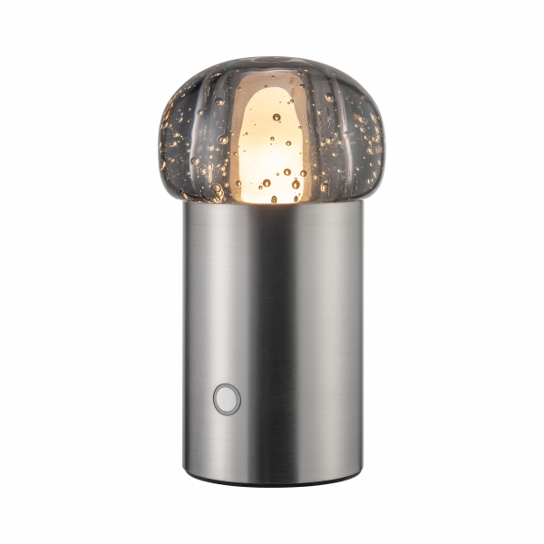 Moderne dekorative Tischlampe mit einem gewölbten Glasschirm und einem schlanken Metallfuß.