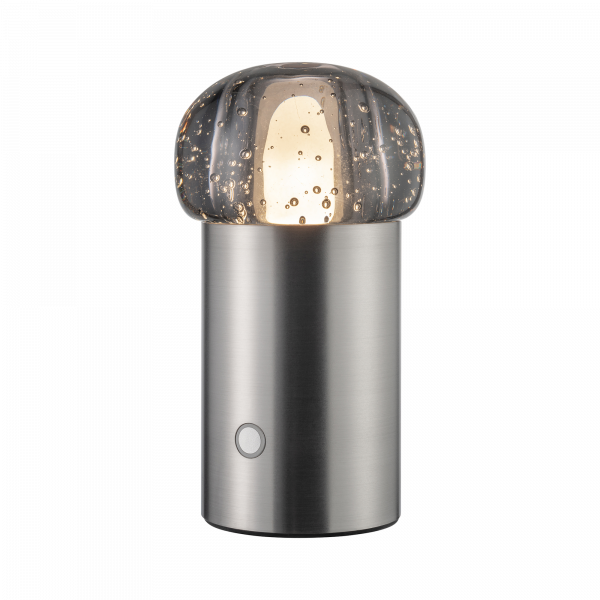 Stylische moderne Lampe mit einem wolkenartigen Glasschirm und einem eleganten Metallfuß.