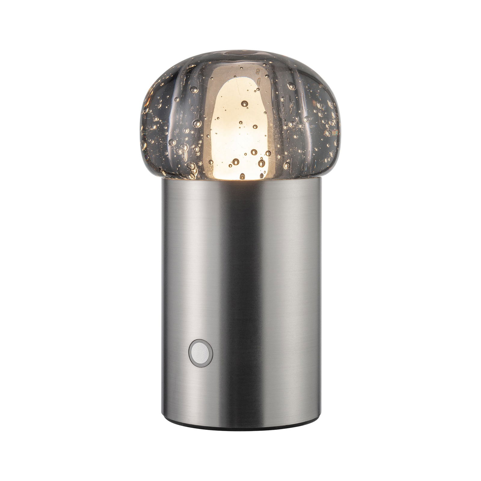 Stylische moderne Lampe mit einem wolkenartigen Glasschirm und einem eleganten Metallfuß.