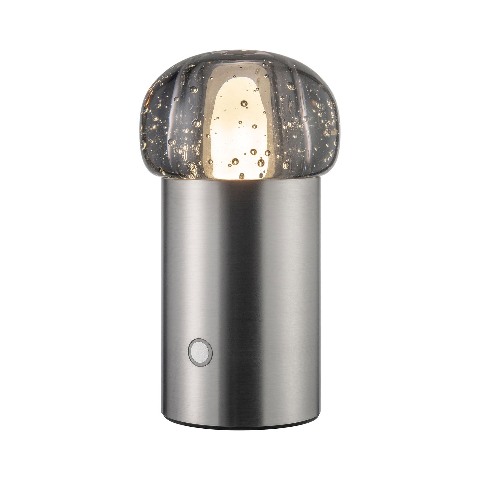 Moderne silberne Tischlampe mit einem stilvollen Glaskuppel und beleuchteten Blasen im Inneren.