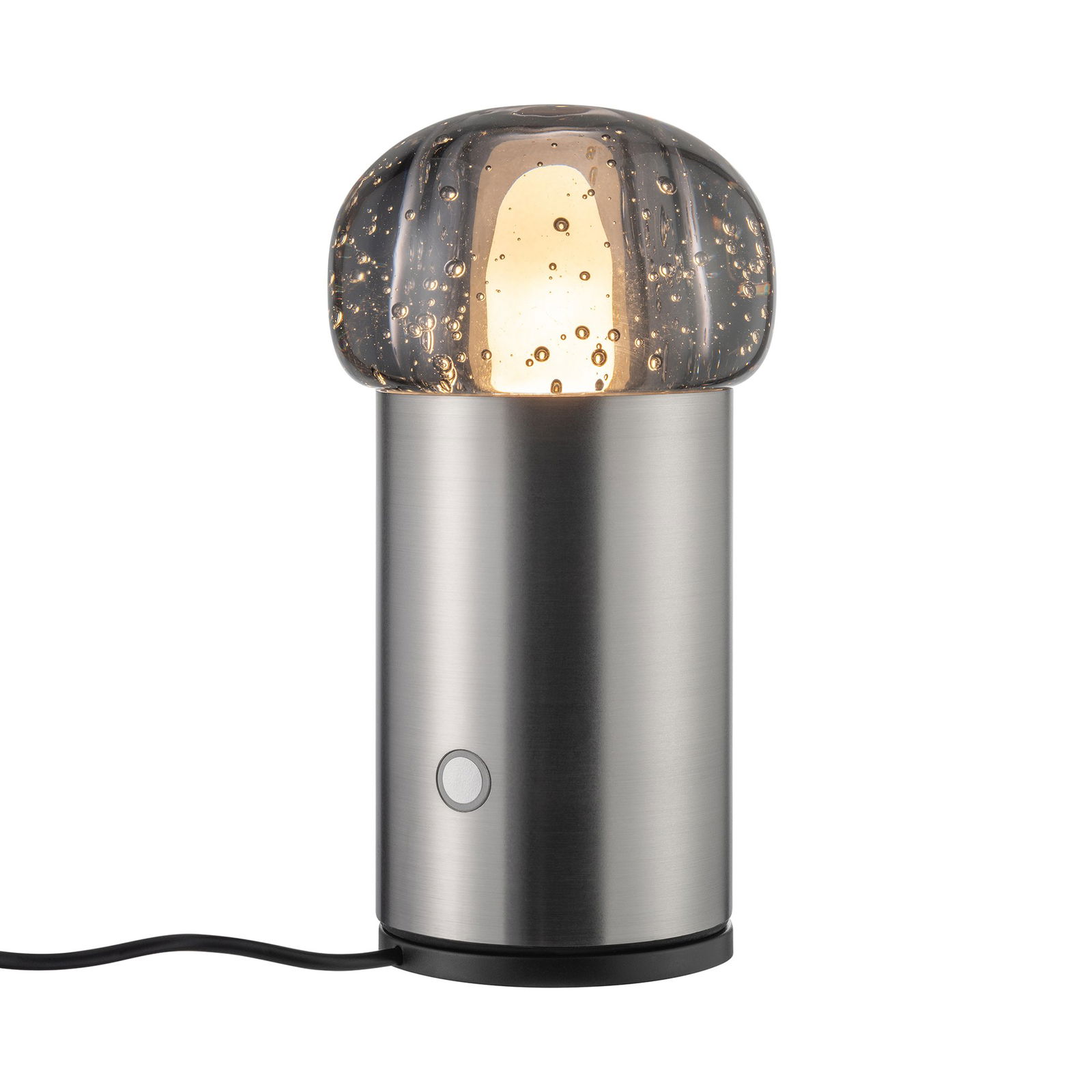 Stylische moderne Lampe mit einem Glas-Schirm in Pilzform und metallischem Fuß.