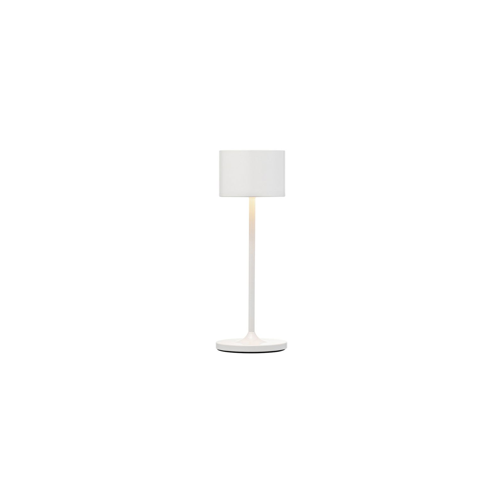 Weiße Tischlampe mit zylindrischem Schirm und schlankem Sockel, perfekt für modernes Dekor.