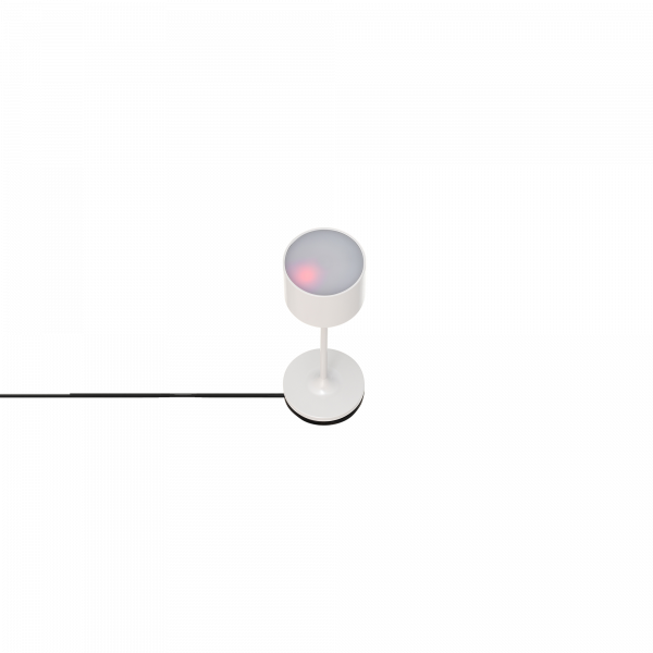 Moderne weiße Tischlampe mit einem translucent Schirm und rotem Akzentlicht.