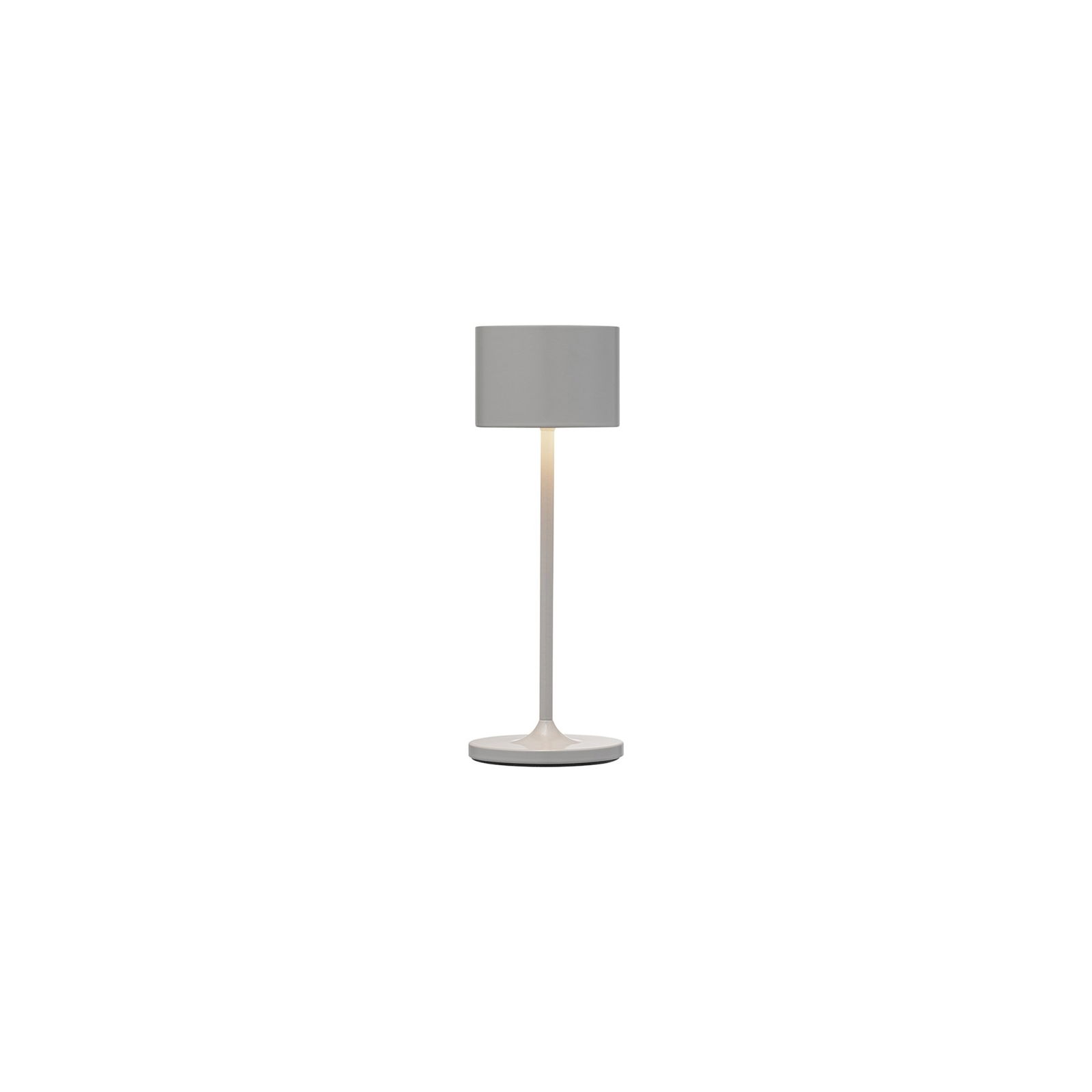 Moderne Tischlampe mit sleekem Design und neutralem grauen Schirm auf einem runden Fuß.