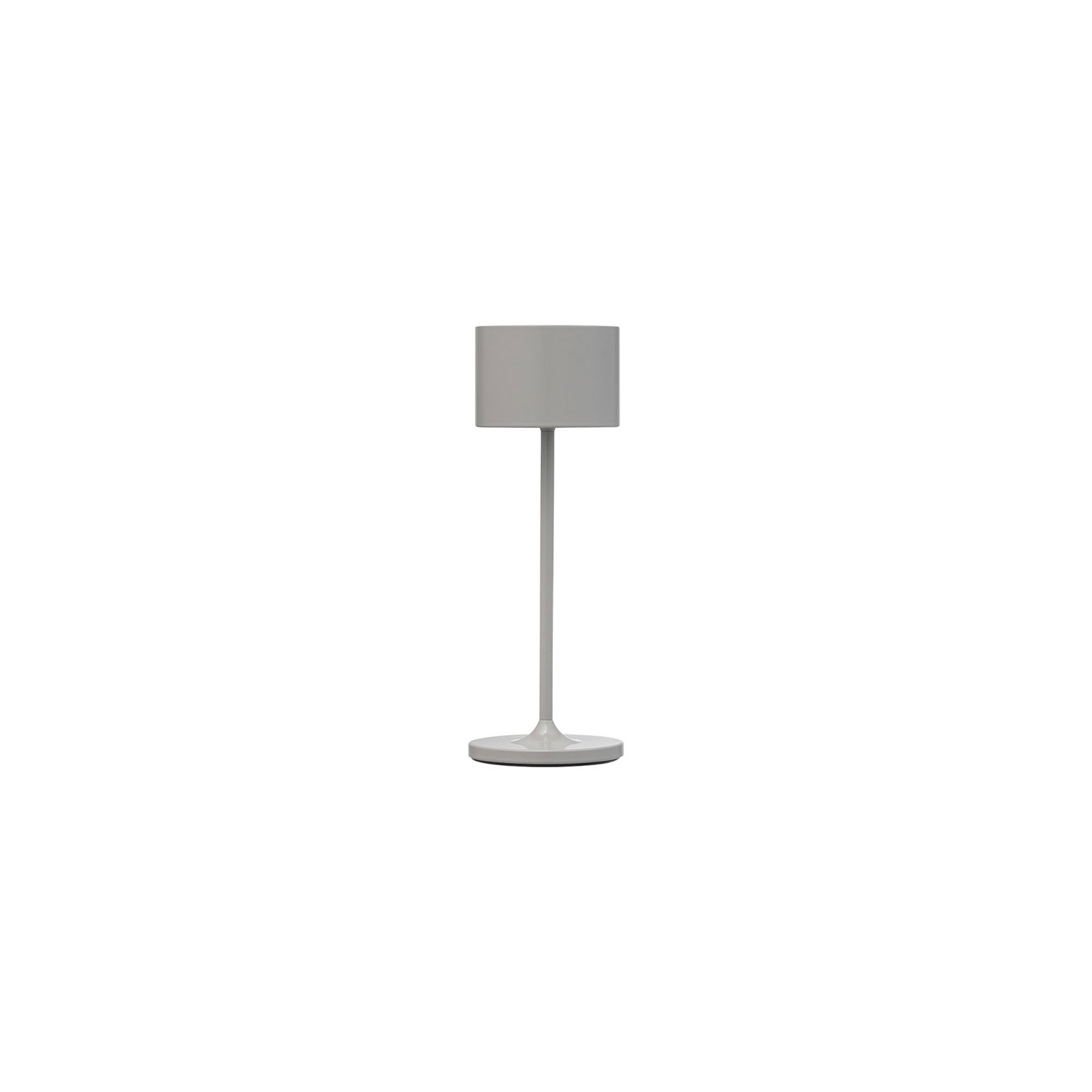 Moderne graue Tischlampe mit einem eleganten zylindrischen Schirm und minimalistischer Gestaltung.